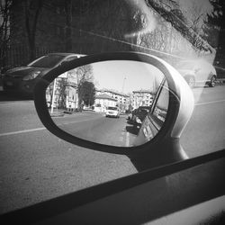 Reflection of trees on side-view mirror