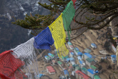 Colorful prayer flags hanging from tree