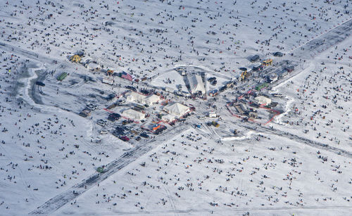 High angle view of street amidst buildings in city