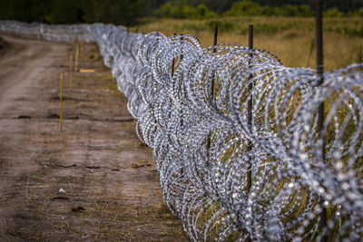 Razor wire fence by field
