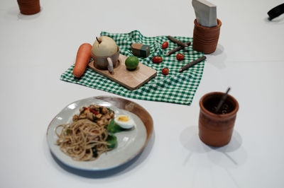 High angle view of food served on table