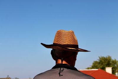 Low angle view of hat on roof against clear sky