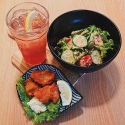 High angle view of food served on table