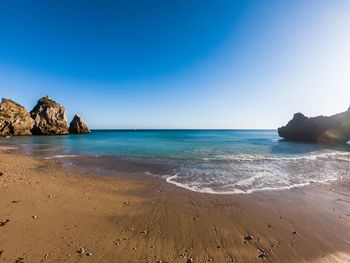 Scenic view of sea against clear blue sky