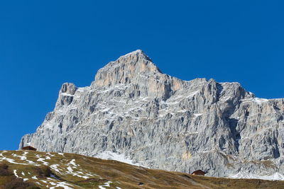 Scenic view of snowcapped mountains against clear blue sky