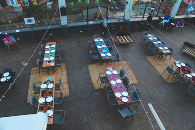 High angle view of tables in ourdoor restaurant