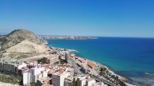 High angle view of sea against clear blue sky