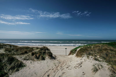 Scenic view of beach against blue sky