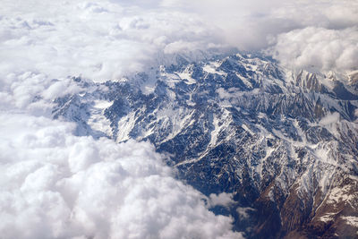 Aerial view of snowcapped mountains against sky