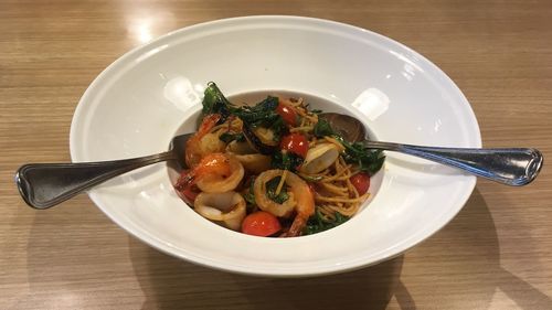 High angle view of food in bowl on table