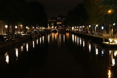 Bridge over river against sky at night