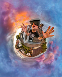 Digital composite image of man and woman against sky