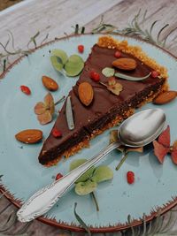 High angle view of dessert served on table