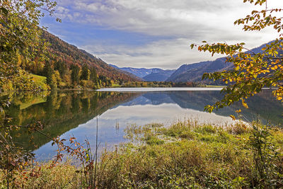 Scenic view of lake and mountains against sky