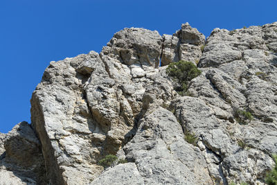 Low angle view of rock formation against clear blue sky