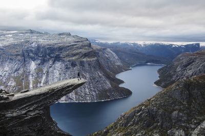 Scenic view of mountains and river against sky