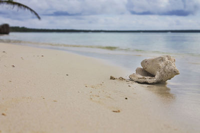 Close-up of sand on beach against sky