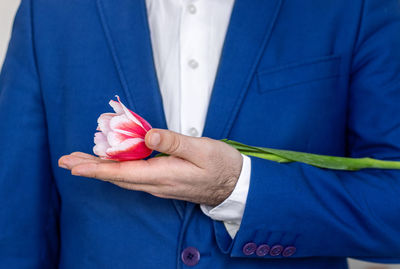 Man holding one tulip flower in hand or in jacket on palm.male in office suit with gift box, bouquet