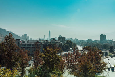 Trees in city against clear sky