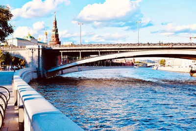 Bridge over river in city against sky