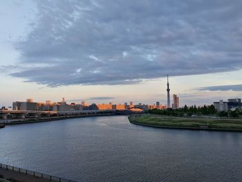 City at waterfront against cloudy sky