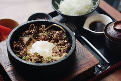 High angle view of gyudon on tray