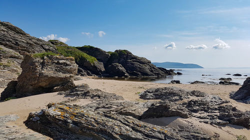 Scenic view of rocks on beach against sky