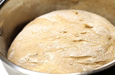 High angle view of bread in bowl on table