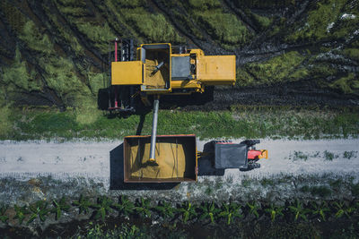 Directly above view of combine harvester on field