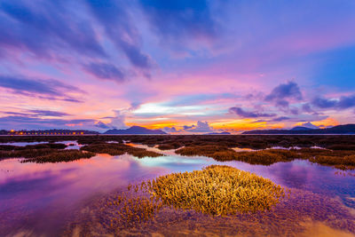 Scenic view of lake against sky during sunset