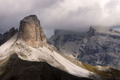 High angle shot of rocky mountains against clouds