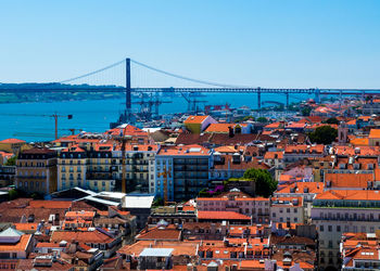 High angle view of buildings by april 25th bridge over tagus river