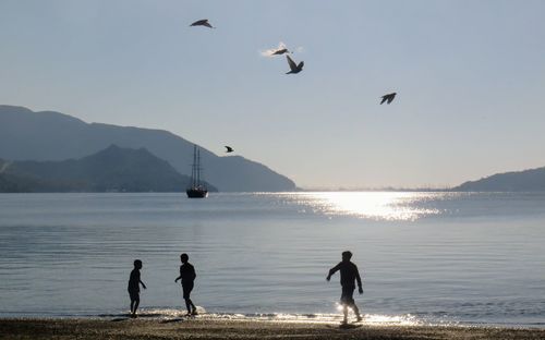 Silhouette friends walking on shore against sea during sunset