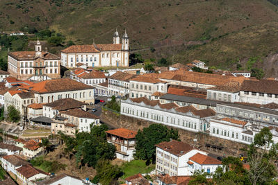 High angle view of houses in town