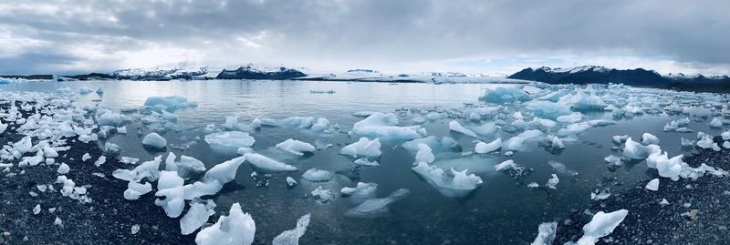 Panoramic view of frozen lake against sky