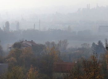 High angle view of trees and buildings against sky