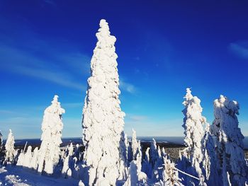 Low angle view of snowcapped mountains against blue sky