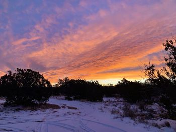 Scenic view of snow covered field against sky at sunset