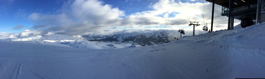 Scenic view of snowcapped mountains against sky