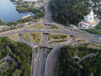 High angle view of bridge over road in city