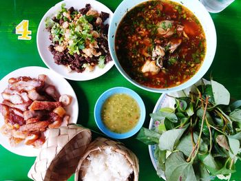 High angle view of meal served on table