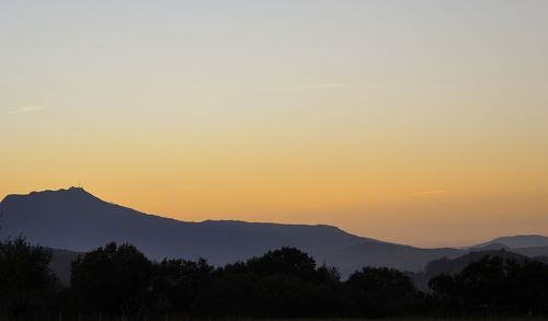 Scenic view of silhouette mountains against sky at sunset