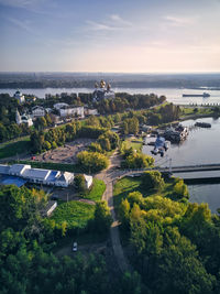 High angle view of plants by sea against sky