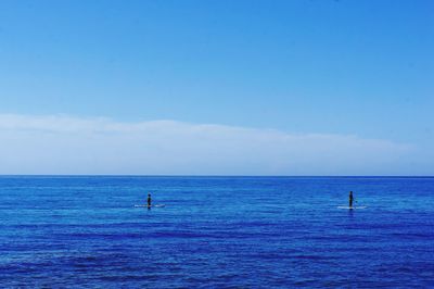 Silhouette people in sea against sky