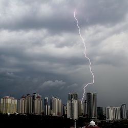 Lightning over cityscape against dramatic sky