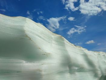 Low angle view of snow covered land against sky