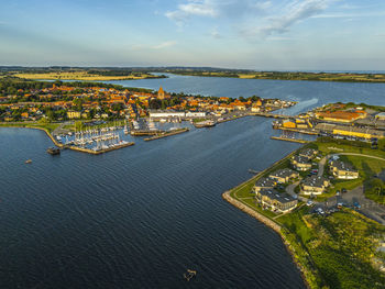 Aerial photoof stege town, møn, denmark
