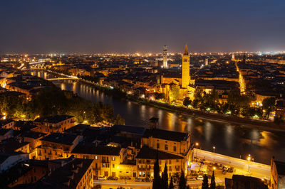 High angle view of illuminated city buildings at night