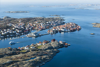 Aerial view of buildings at sea