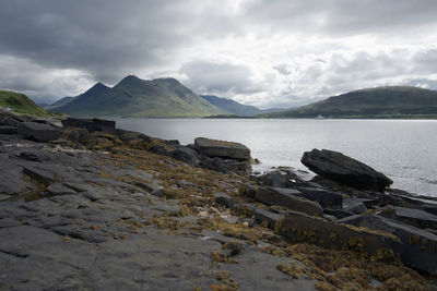 Coastal landscape from the isle of raasay looking towards the isle of skye. glamaig peak in back